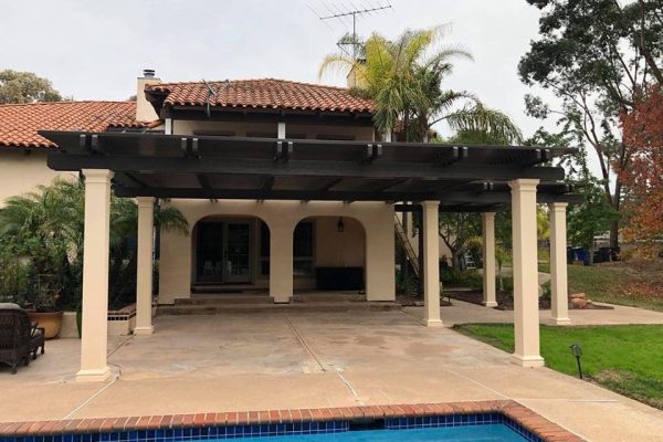 Patio cover installed in San Diego with custom features for added comfort, style, and functionality