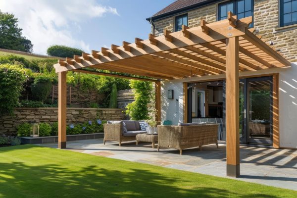 Wood patio cover installation in San Diego with a natural, classic design